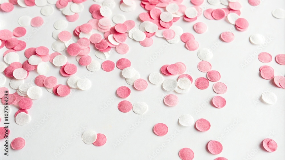 Pink and white confetti scattered across a clean white background, randomness, abstract, white, dispersion Pink and white confetti scattered across a clean white background, randomness, abstract, white, dispersion