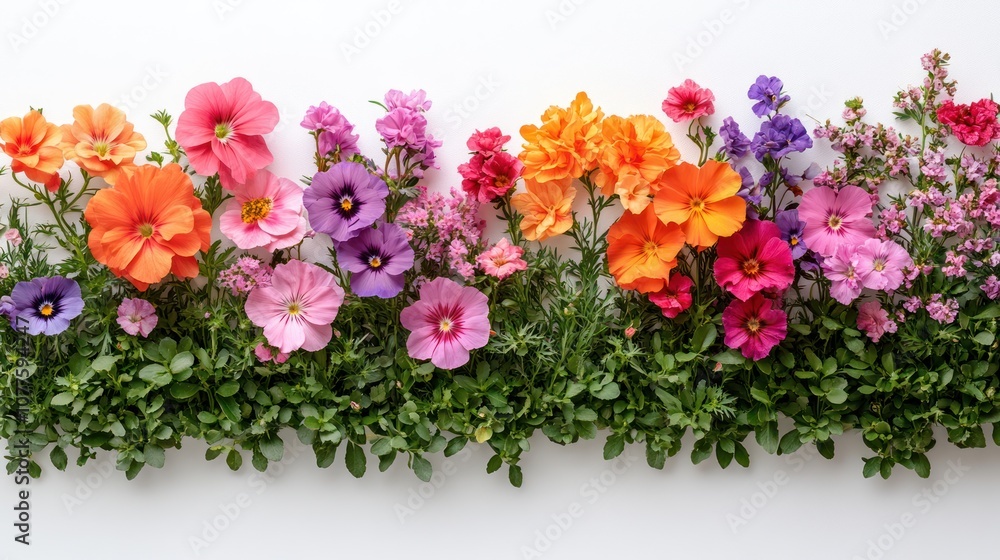 Colorful flowers arranged in a row on a white background. Colorful flowers arranged in a row on a white background.