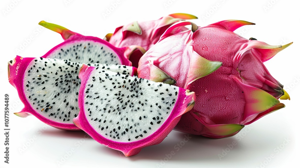 Sliced Dragon Fruit with Whole Fruit on White Background Sliced Dragon Fruit with Whole Fruit on White Background