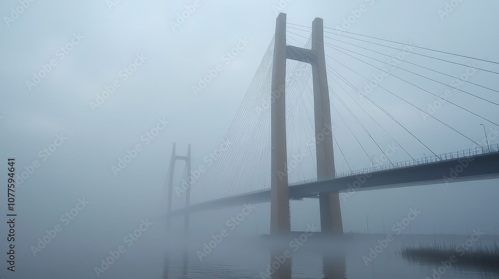 Obraz premium A suspension bridge shrouded in fog on a misty morning.