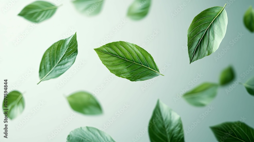 Naklejka premium Green Leaves Falling Against a Soft Blue Background