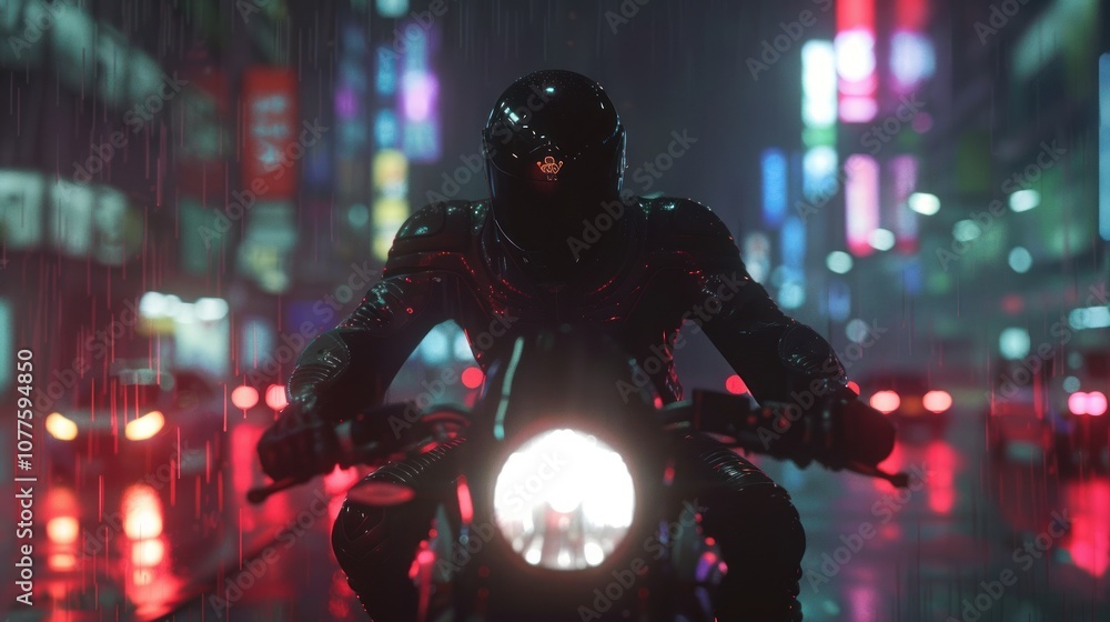 Motorbike rider in cyberpunk city with blurry rainy night lights, AI generated image Motorbike rider in cyberpunk city with blurry rainy night lights, AI generated image