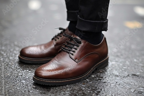 Brown Leather Brogue Shoes Closeup Detail Fashionable Footwear