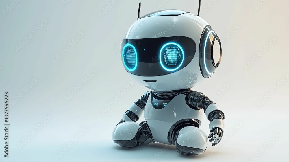 Futuristic White Robot with Blue Eyes Sitting on a White Surface Futuristic White Robot with Blue Eyes Sitting on a White Surface