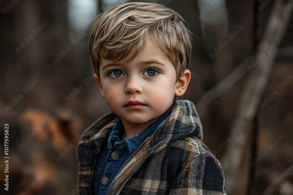 Young Caucasian boy with striking eyes stands in a forest wearing a plaid jacket, surrounded by blurred foliage, evoking a serene and contemplative mood. Young Caucasian boy with striking eyes stands in a forest wearing a plaid jacket, surrounded by blurred foliage, evoking a serene and contemplative mood.