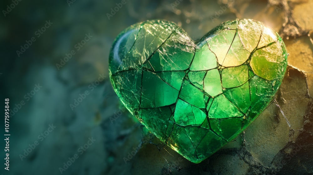 Heart of green gemstones in a network of fine cracks, light shining, renewal concept generative ai Heart of green gemstones in a network of fine cracks, light shining, renewal concept generative ai