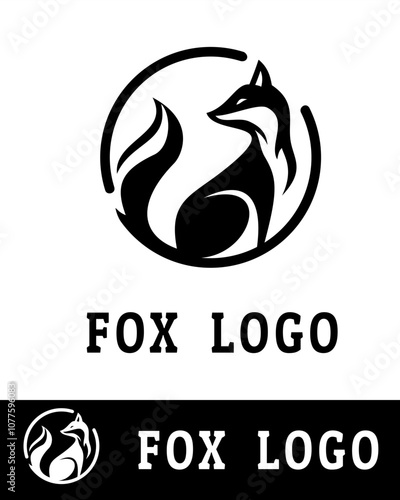 A modern and minimalist black-and-white fox logo design in a circular shape, isolated on white background  photo