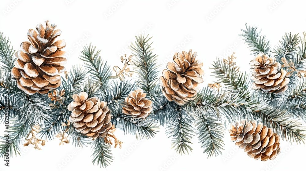 Watercolor Illustration of Snowy Pine Branches with Pinecones Watercolor Illustration of Snowy Pine Branches with Pinecones