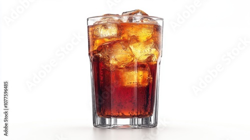 A glass of dark fizzy drink with ice cubes.