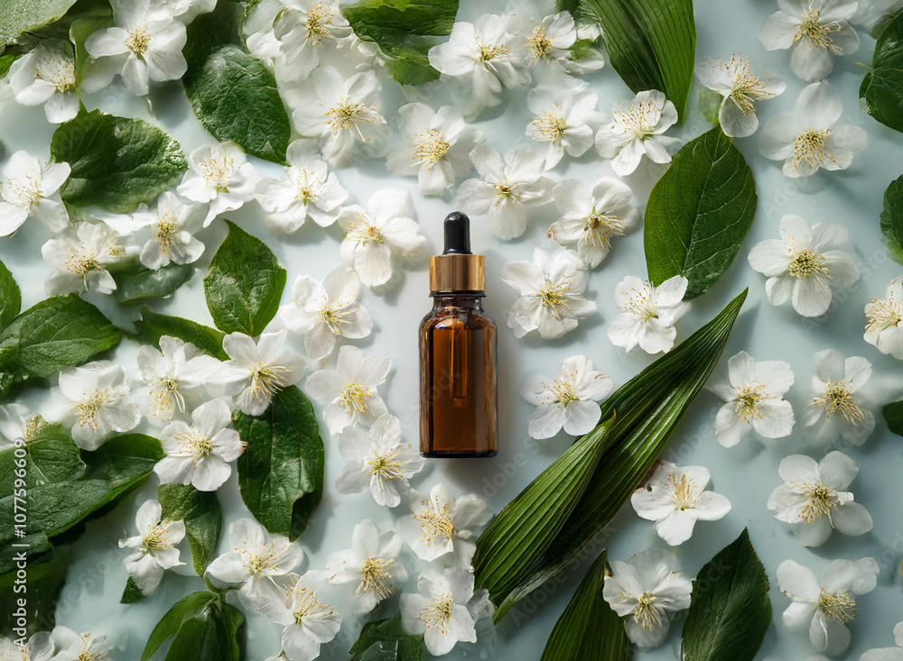 A small, amber bottle with a dropper sits on a blue background surrounded by white blossoms and green leaves. A small, amber bottle with a dropper sits on a blue background surrounded by white blossoms and green leaves.