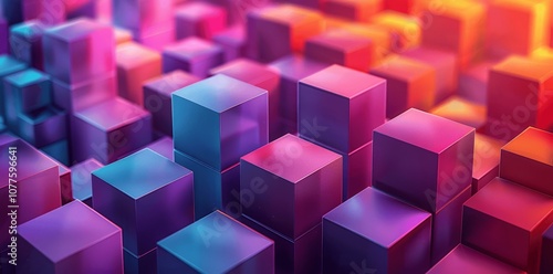 Colorful 3D Cubes on Purple Background, Isometric Abstract Geometric Design