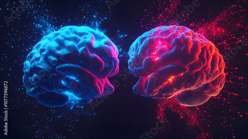 Two glowing brains facing each other, connected by streams of digital data, cyberpunk, neon blue, 3D render, intellectual exchange visualized with binary codes flowing between, futuristic