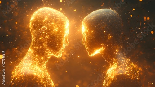 Two glowing golden figures facing each other, energy pulses between them, symbolizing intellectual enlightenment and the exchange of profound thoughts, futuristic neon backdrop