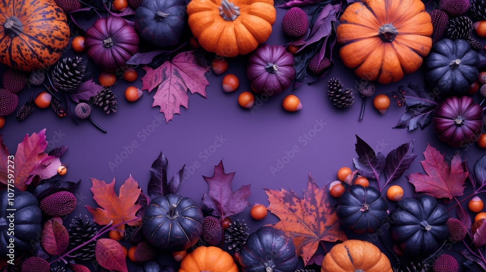 Autumn Pumpkins and Fruits on Purple Background Autumn Pumpkins and Fruits on Purple Background