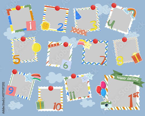 Baby milestone cards. Collection of cards for newborns. Frame template with decorative elements. Birthday celebration by month. Vector illustration