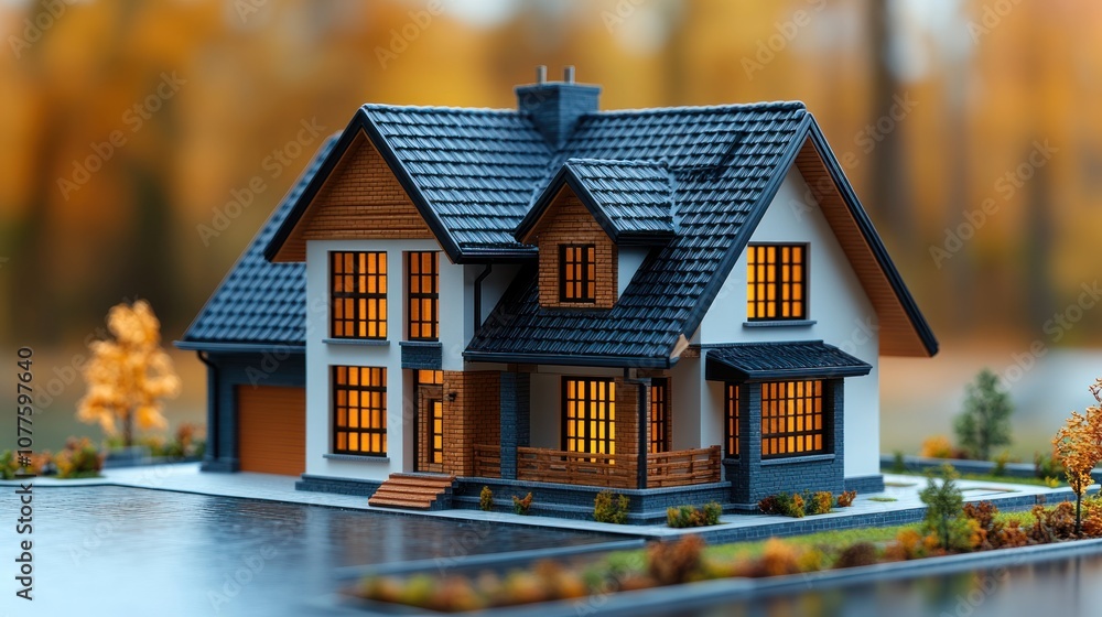 A detailed model of a modern house with illuminated windows. A detailed model of a modern house with illuminated windows.