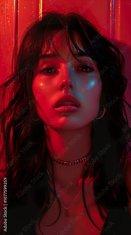 Intense Portrait of a Woman with Red Lighting and Jewelry Intense Portrait of a Woman with Red Lighting and Jewelry