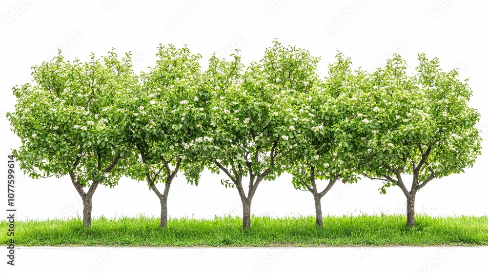 Five Blooming Trees with Green Leaves and White Flowers in a Row with Green Grass Five Blooming Trees with Green Leaves and White Flowers in a Row with Green Grass