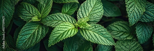 Close up of fresh green mint leaves, showing their intricate textures and veins.