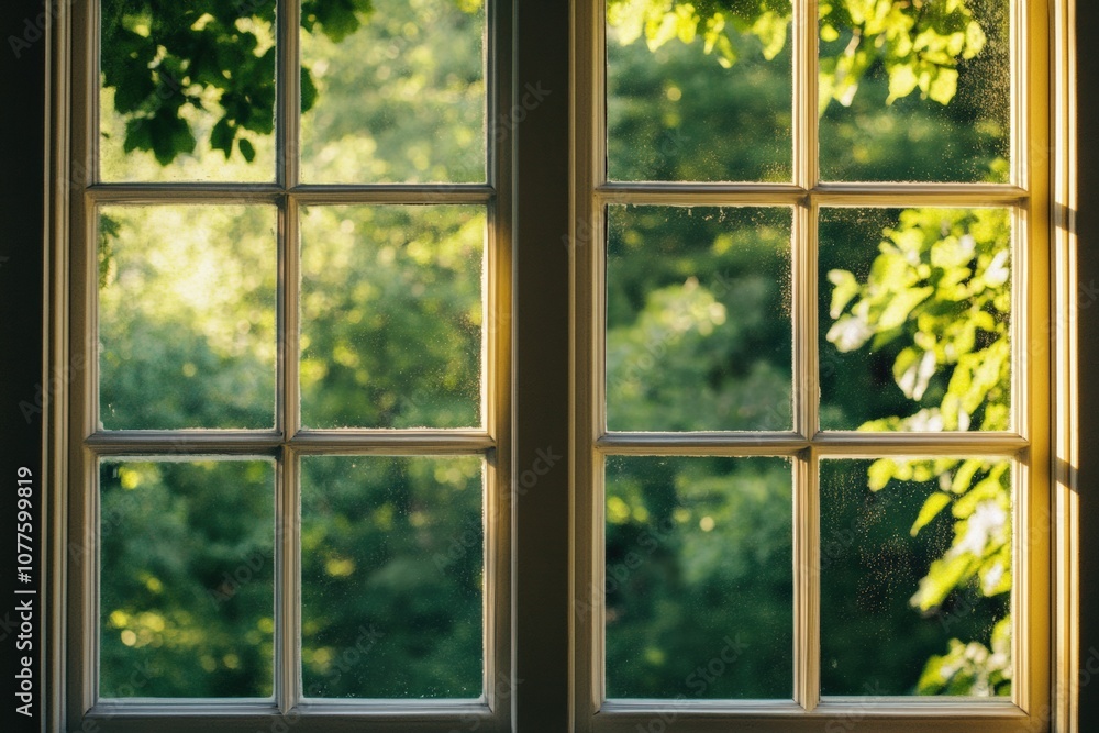 Clean window with garden view, sunlight streaming through.