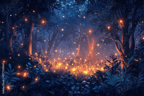 Wallpaper Mural A magical forest at night with glowing fireflies illuminating the trees and undergrowth. Torontodigital.ca