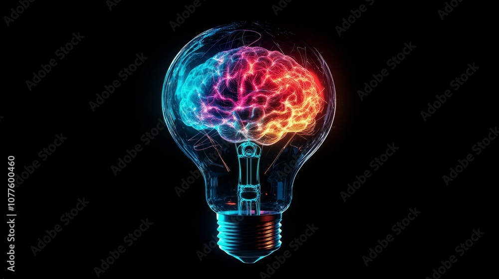 Human brain in a transparent light bulb, emitting bright colors, creativity. generative ai Human brain in a transparent light bulb, emitting bright colors, creativity. generative ai