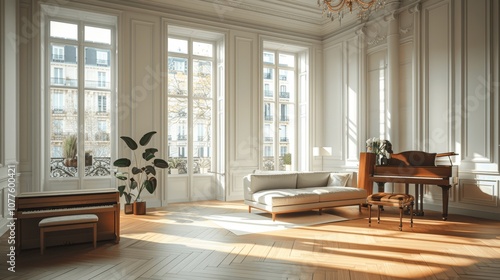 Modern Luxury Living Room in Haussmannian Parisian Building with Parquet Floor and Piano