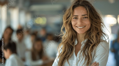 portrait of smiling young female teacher in classroom with students in background