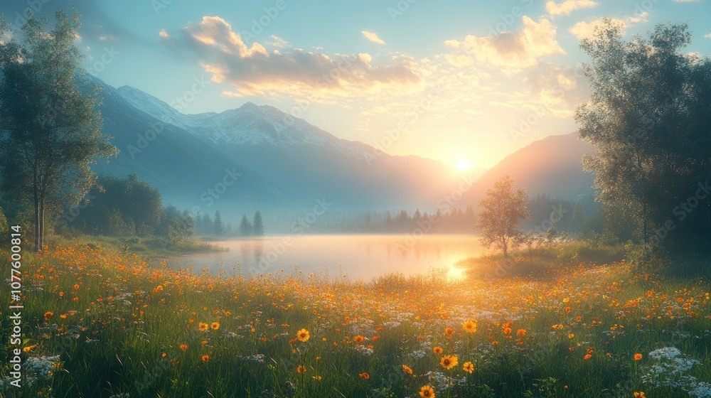 Naklejka premium Serene landscape with mountains, flowers, and a tranquil lake at sunset.