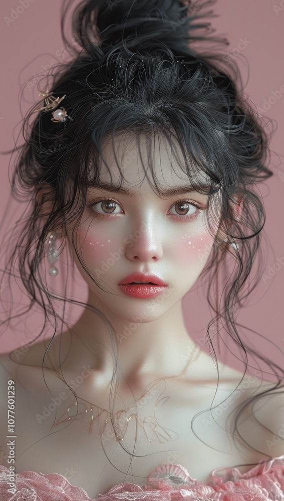 Beautiful Asian Model with Double Bun Hairstyle and Pink Lips in High Definition Photography Beautiful Asian Model with Double Bun Hairstyle and Pink Lips in High Definition Photography