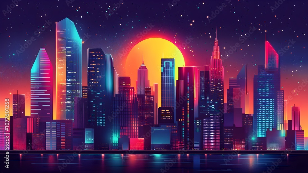 A futuristic cityscape with one towering skyscraper uniquely designed in bold geometric shapes, illuminated in bright colors, drawing all attention A futuristic cityscape with one towering skyscraper uniquely designed in bold geometric shapes, illuminated in bright colors, drawing all attention