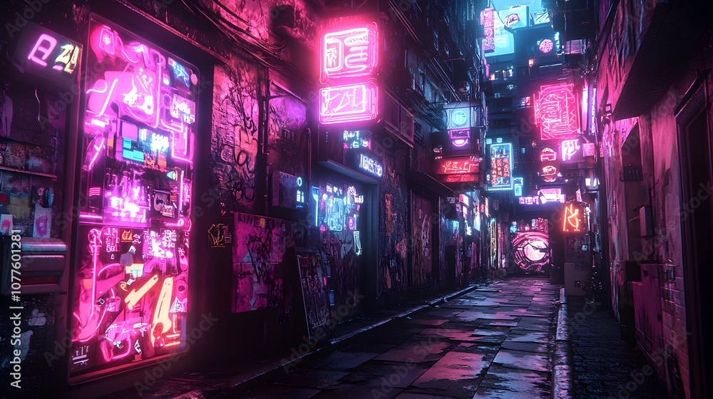 A futuristic graffiti mural on a bleak alley wall, featuring neon lights and cyberpunk elements, transforming the area into a digital art wonderland A futuristic graffiti mural on a bleak alley wall, featuring neon lights and cyberpunk elements, transforming the area into a digital art wonderland