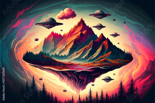 Fantasy Landscape with Flying Saucers. Vector Illustration.