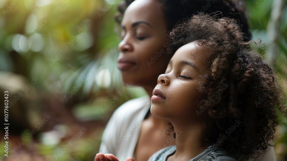 A parent and child practicing yoga together with serene expressions on their faces. A parent and child practicing yoga together with serene expressions on their faces.