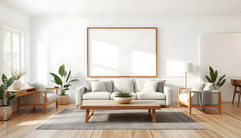 Mockup frame in farmhouse living room interior, 3d render isolated with white highlights, png Mockup frame in farmhouse living room interior, 3d render isolated with white highlights, png