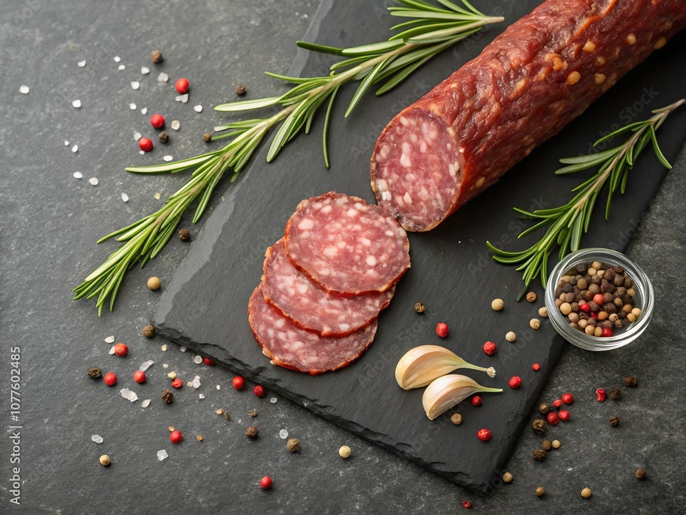 Sliced salami, rosemary, and peppercorns on a dark stone board. Sliced salami, rosemary, and peppercorns on a dark stone board.