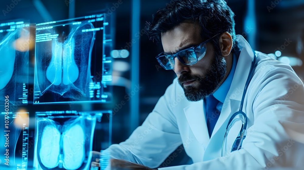 Doctor carefully examining lung scan results, focusing on patient's health and medical diagnosis. Professional dedication and attention to detail in healthcare. Doctor carefully examining lung scan results, focusing on patient's health and medical diagnosis. Professional dedication and attention to detail in healthcare.