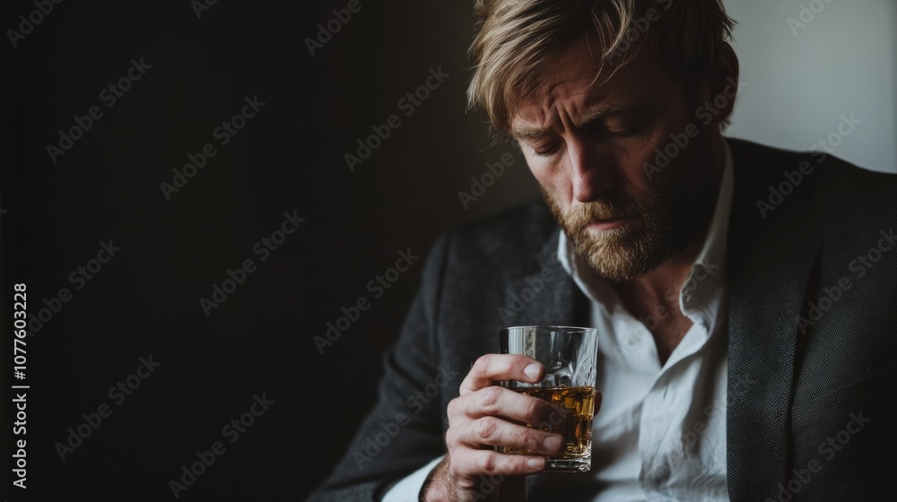 Man holding a glass of whiskey with a sad expression, lost in thought generative ai Man holding a glass of whiskey with a sad expression, lost in thought generative ai