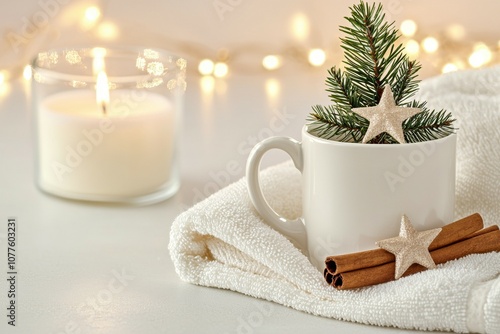 A white mug with a star and cinnamon sticks sits on a white towel