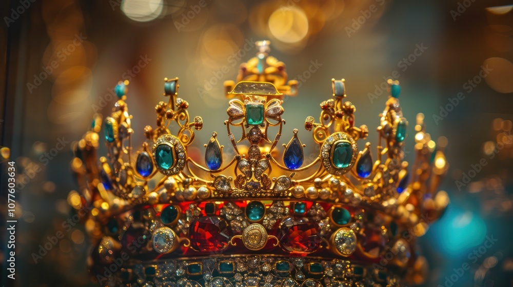 Obraz premium A royal crown made of gold, adorned with shimmering pearls. Its intricate design reflects luxury and power, symbolizing wealth and authority, fit for a king or queen.