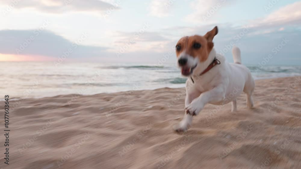 Lively dog Jack Russel Terrier walking slow motion. Dog runs on beach on sand splashing water, rejoices against blue sky at dawn summer. Lifestyle. Travel. Love pets. Freedom concept. Pets care Lively dog Jack Russel Terrier walking slow motion. Dog runs on beach on sand splashing water, rejoices against blue sky at dawn summer. Lifestyle. Travel. Love pets. Freedom concept. Pets care