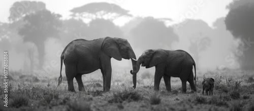 Elephant Family in the Foggy Savannah