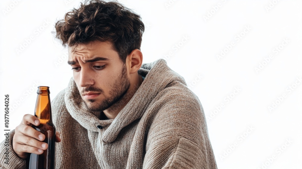 Man holding a bottle of beer, looking down with sad eyes generative ai