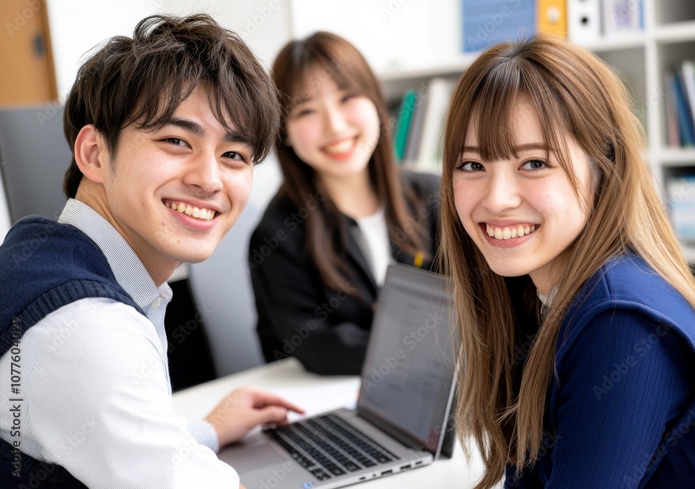 Students collaborate and smile while working on a laptop in a modern classroom setting Students collaborate and smile while working on a laptop in a modern classroom setting