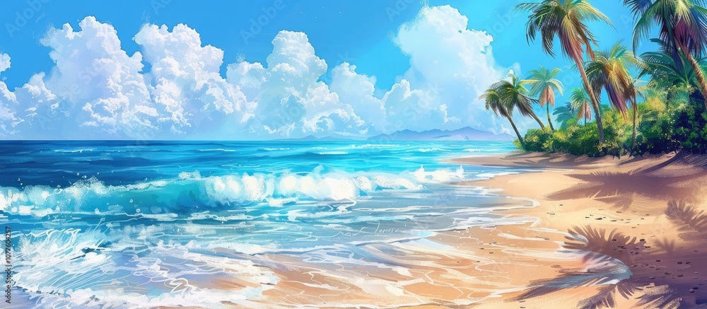Fototapeta premium Tropical Paradise Beach Scene with Palm Trees and Blue Sky
