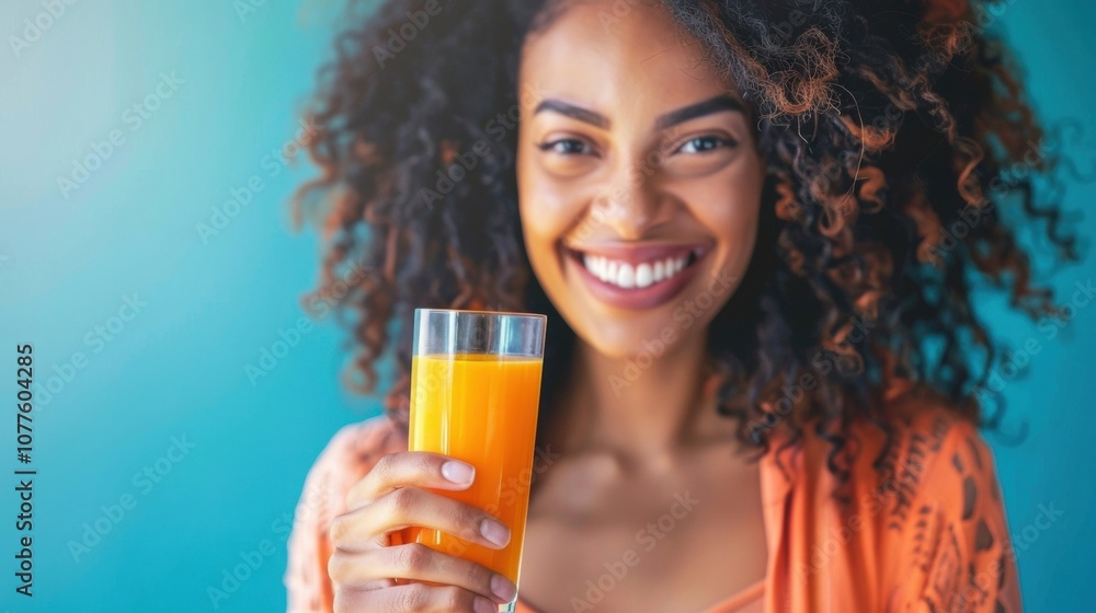 A woman holding up a glass of vibrant orange liquid a combination of carrots oranges and ginger with a bright smile on her face. A woman holding up a glass of vibrant orange liquid a combination of carrots oranges and ginger with a bright smile on her face.