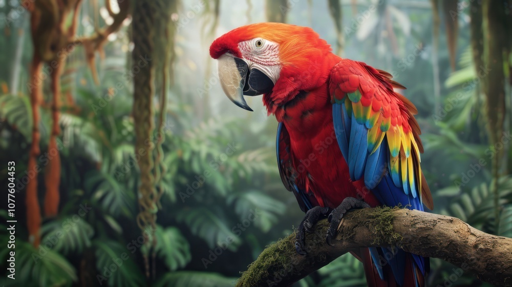 A vibrant parrot perched in its natural habitat, surrounded by lush greenery. With colorful feathers and curious eyes, it blends seamlessly into the tropical landscape, calling out with a distinctive A vibrant parrot perched in its natural habitat, surrounded by lush greenery. With colorful feathers and curious eyes, it blends seamlessly into the tropical landscape, calling out with a distinctive