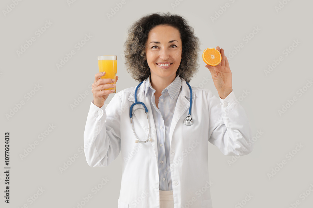 Mature female nutritionist with glass of juice and orange on light background Mature female nutritionist with glass of juice and orange on light background