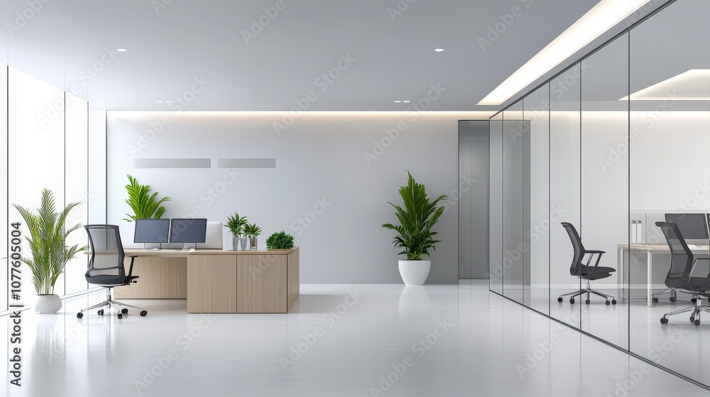 Fototapeta premium Bright and open office interior with glass partitions, sleek furniture, and ambient lighting, creating a professional atmosphere.