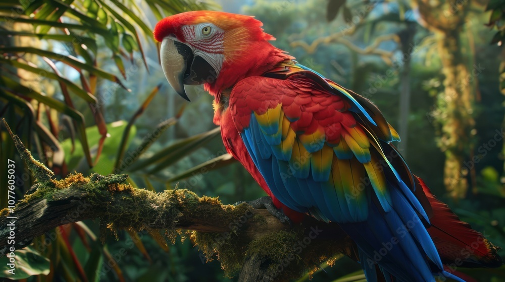Obraz premium A vibrant parrot perched in its natural habitat, surrounded by lush greenery. With colorful feathers and curious eyes, it blends seamlessly into the tropical landscape, calling out with a distinctive 